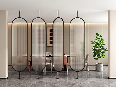 Modern Room Dividers With Metal Frame And Transparent Panels In Dining Area 3d model