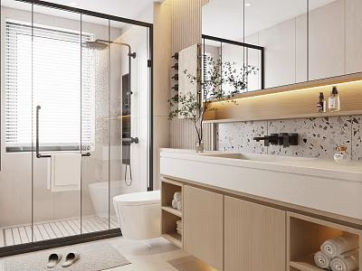 Modern Bathroom Interior Design With Glass Shower Wooden Vanity Large Mirror And LED Strip Lighting 3d model