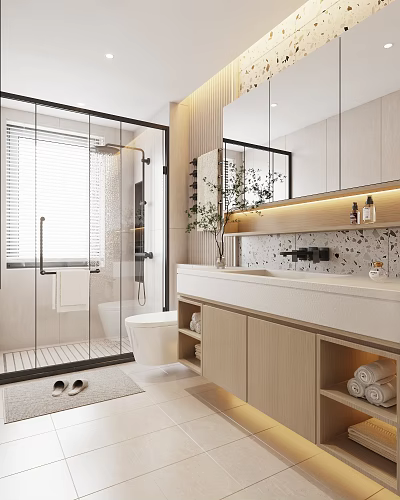 Modern Bathroom Interior Design With Glass Shower Wooden Vanity Large Mirror And LED Strip Lighting 3d model