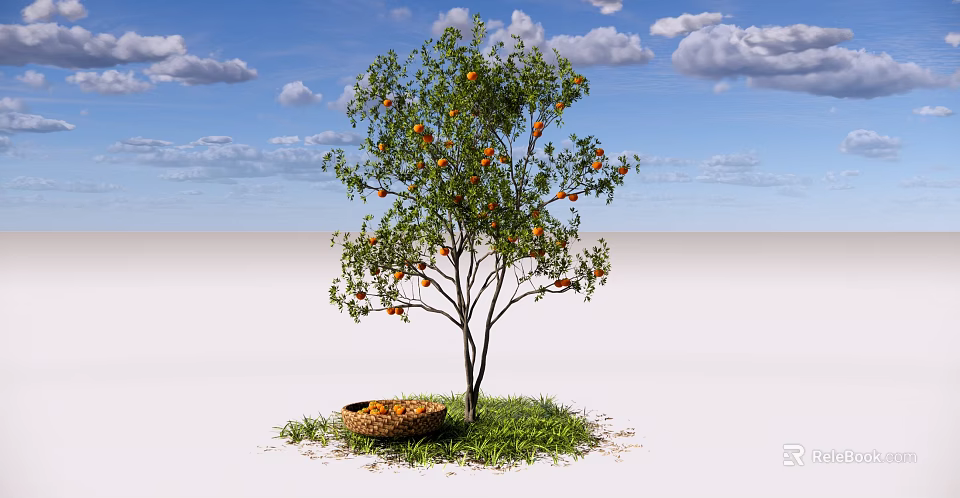 Fruit Tree With Orange Fruits And Basket On Green Grass Under Blue Sky 3d model 