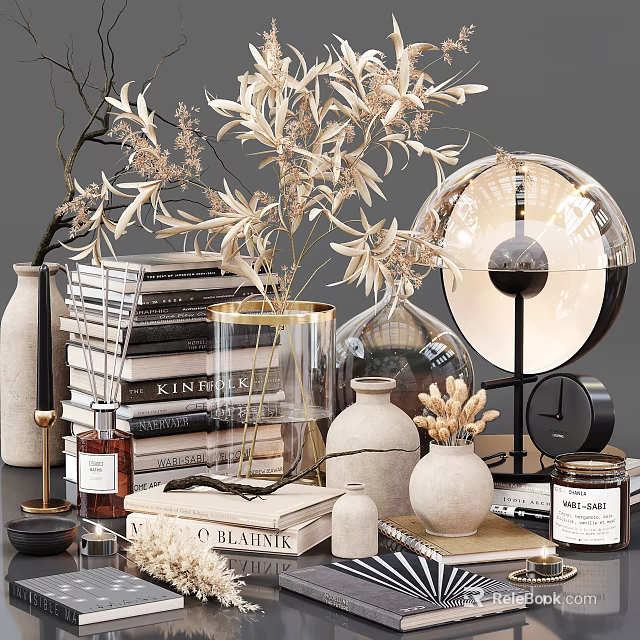 Decorative Ornament Set With Stacked Books Vases Dried Flowers Clock Scented Candles And Decorative Lamp 3d model 