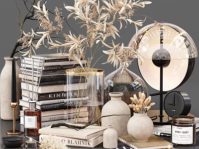 Decorative Ornament Set With Stacked Books Vases Dried Flowers Clock Scented Candles And Decorative Lamp 3d model