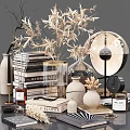 Decorative Ornament Set With Stacked Books Vases Dried Flowers Clock Scented Candles And Decorative Lamp