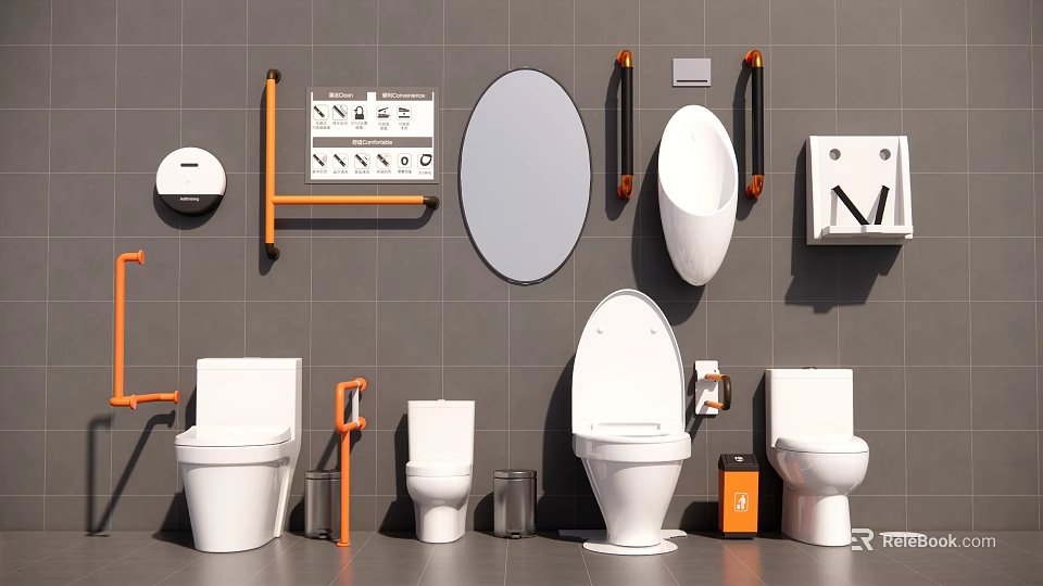 Modern Bathroom Fixture Set With Round Mirror Orange Grab Bars And Multiple Toilets 3d model 