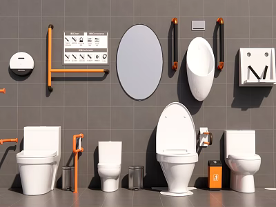 Modern Bathroom Fixture Set With Round Mirror Orange Grab Bars And Multiple Toilets 3d model