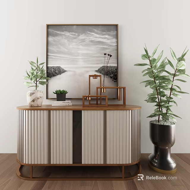 Modern Entryway Console Cabinet With Striped Doors Green Plants And Wall Art 3d model 