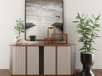 Modern Entryway Console Cabinet With Striped Doors Green Plants And Wall Art 3d model