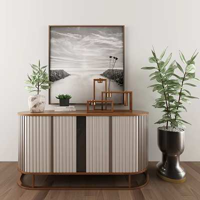 Modern Entryway Console Cabinet With Striped Doors Green Plants And Wall Art 3d model
