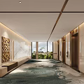 Modern Hotel Corridor With Marble Walls Blue Green Carpet And Recessed Ceiling Lights