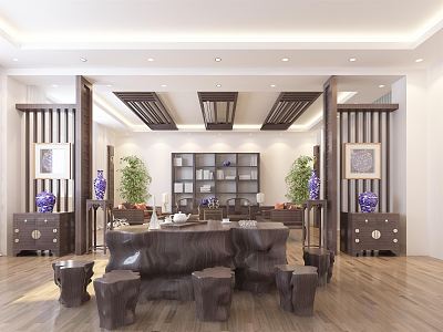 New Chinese Teahouse Tea Room Reception Room Customer Negotiation Area Solid Wood Furniture 3d model