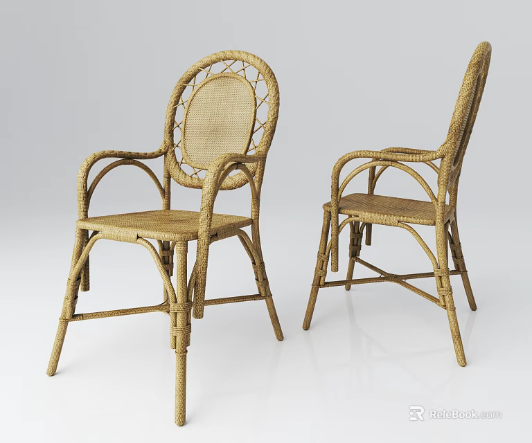 Light Brown Rattan Armchair With Round Backrest And Curved Armrests Design 3d model 