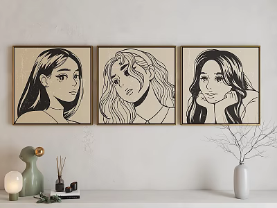 Three Framed Female Portrait Paintings With Various Hairstyles And Line Art Design 3d model