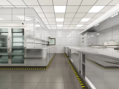 Professional Commercial Kitchen With Stainless Steel Appliances And Tiled Walls 3d model