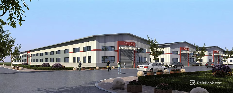 Modern Industrial Factory Building Exterior Design With Parking Area Landscaping And People Walking 3d model 