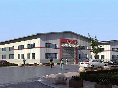 Modern Industrial Factory Building Exterior Design With Parking Area Landscaping And People Walking 3d model