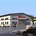 Modern Industrial Factory Building Exterior Design With Parking Area Landscaping And People Walking