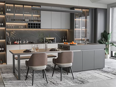 Elegant Modern Dining Table Set With Chairs And Kitchen Cabinets And Marble Countertop 3d model
