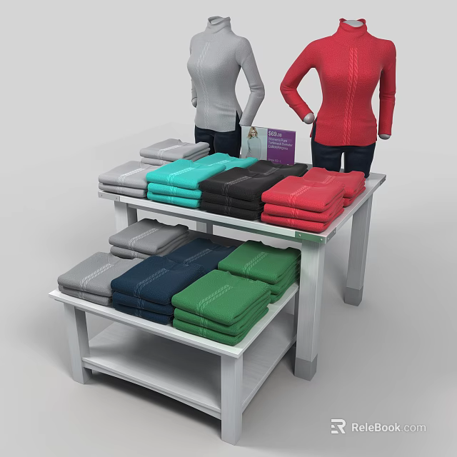 Assorted Color Sweaters On Display Stand With Red And Gray Mannequins 3d model