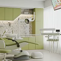 Pediatric Dental Clinic Interior With Dental Chair Green Cabinets And Cartoon Mural