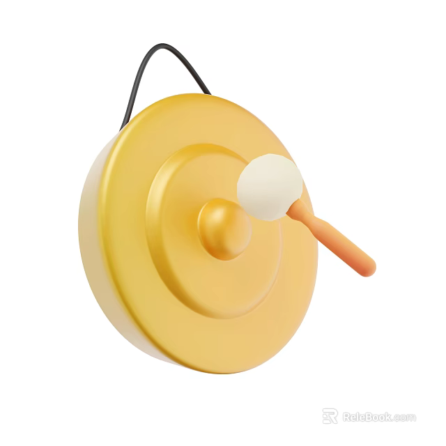 Play Equipment Yellow Gong Hanging With Black String And White Mallet Orange Handle 3d model 