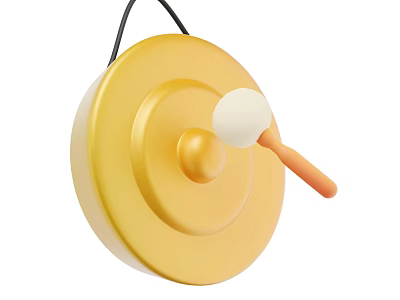 Play Equipment Yellow Gong Hanging With Black String And White Mallet Orange Handle 3d model