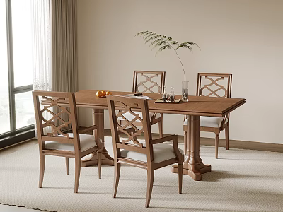 Modern Wooden Dining Table Set with Carved Backrest Chairs and Potted Plant 3d model