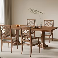 Modern Wooden Dining Table Set with Carved Backrest Chairs and Potted Plant