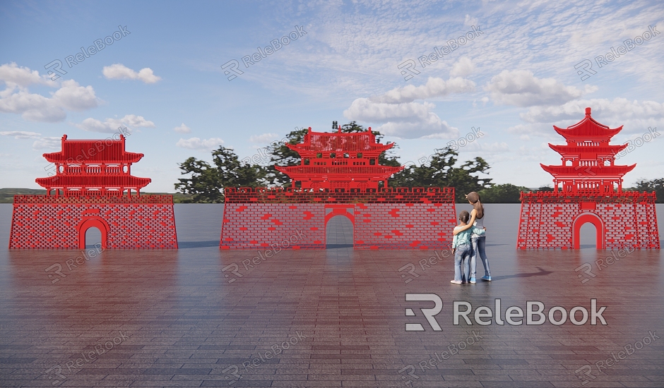 Chinese style ancient building silhouette sketch model