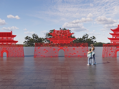 Chinese style ancient building silhouette sketch model