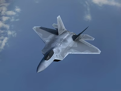 Modern Fighter Jet with Camouflage Paint Flying in Clear Blue Sky with White Clouds 3d model