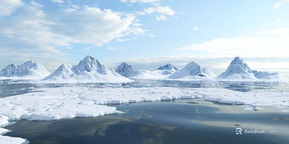 Scenic Garden Landscape With Snow Covered Trees Water Reflection Blue Sky White Clouds 3d model 