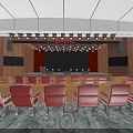 Conference Room Interior With Red Chairs Tables Overhead Lighting Shining On Stage And Screen