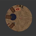 Traditional Wooden Furniture Layout With Bed Chairs Cabinet And Rugs On Circular Wooden Floor