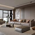 Modern Living Room Interior Design With Grey Leather Sofa Round Coffee Table And Striped Rug