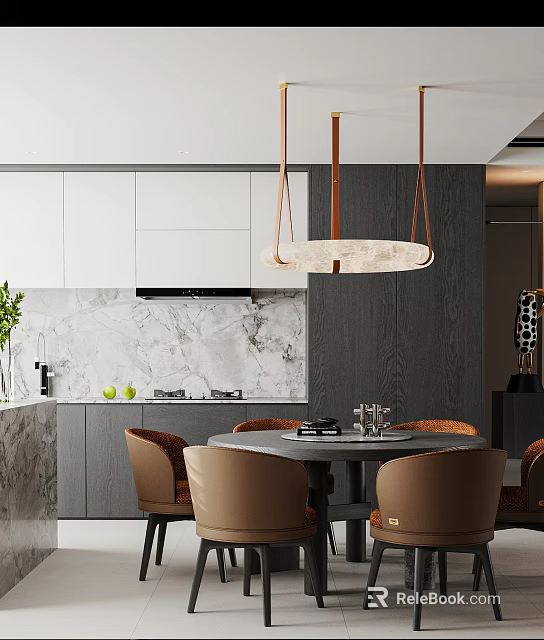 Modern Light Luxury Dining Room With Round Table And Soft Upholstered Chairs Beside Open Kitchen 3d model 