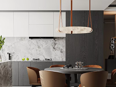 Modern Light Luxury Dining Room With Round Table And Soft Upholstered Chairs Beside Open Kitchen 3d model