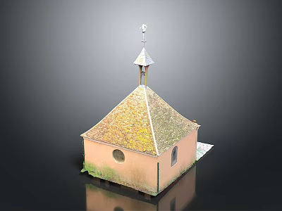 Small Chapel Like Building With Pyramidal Moss Covered Roof And Circular Window 3d model