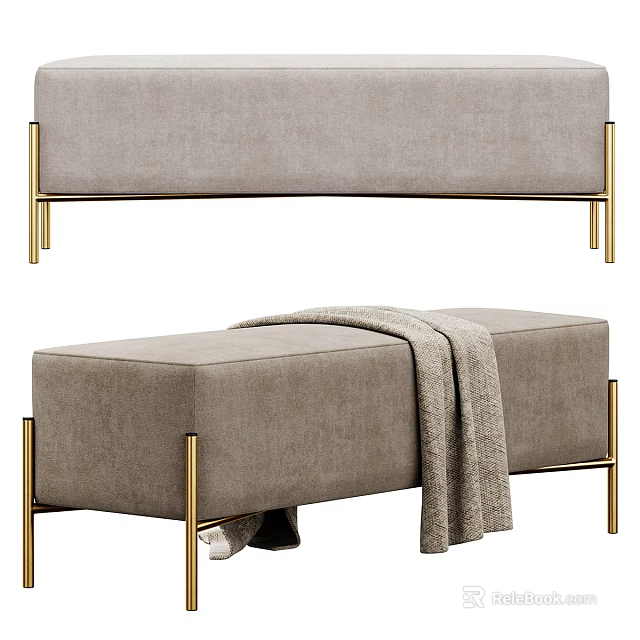 Modern Gray Sofa Bench With Soft Upholstery Golden Metal Legs And Cozy Blanket 3d model 