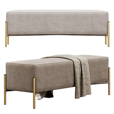 Modern Gray Sofa Bench With Soft Upholstery Golden Metal Legs And Cozy Blanket 3d model