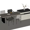 Modern Bar Counter Wooden Top With Dining Chairs And Decorative Vase Plant
