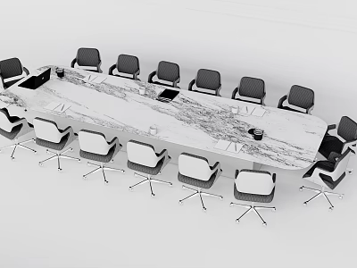 Modern Conference Table With Marble Top And Black Office Chairs With Metal Frame 3d model