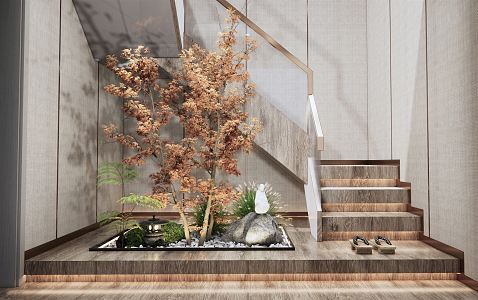 Japanese-style Staircase Landscape Setches Courtyard Setches Handrail Stairs Courtyard Stone Maple Landscape 3d model