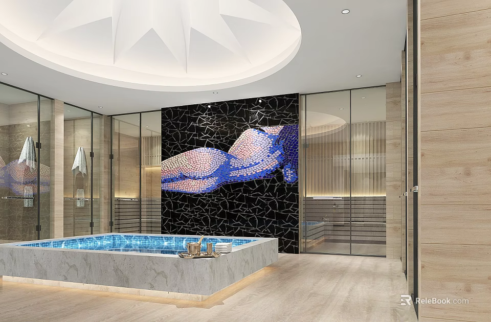 Elegant SPA Sauna Interior With Circular Ceiling SPA Pool Mosaic Wall And Glass Partition 3d model 