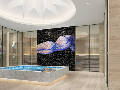 Elegant SPA Sauna Interior With Circular Ceiling SPA Pool Mosaic Wall And Glass Partition 3d model