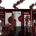 Elegant Modern Banquet Hall Interior With Red Black Decor Crystal Chandeliers And Floral Arrangements