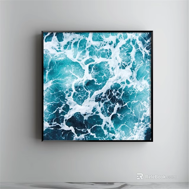Framed Landscape Painting of Blue Ocean Waves With White Foam Textures And Black Square Frame 3d model 