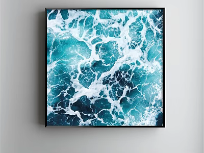 Framed Landscape Painting of Blue Ocean Waves With White Foam Textures And Black Square Frame 3d model