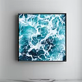 Framed Landscape Painting of Blue Ocean Waves With White Foam Textures And Black Square Frame