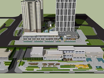 Modern Commercial Complex With High Rise Buildings Plaza And Green Spaces 3d model