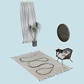 Modern White Square Rug With Black Curved Patterns And Tassels In Living Room